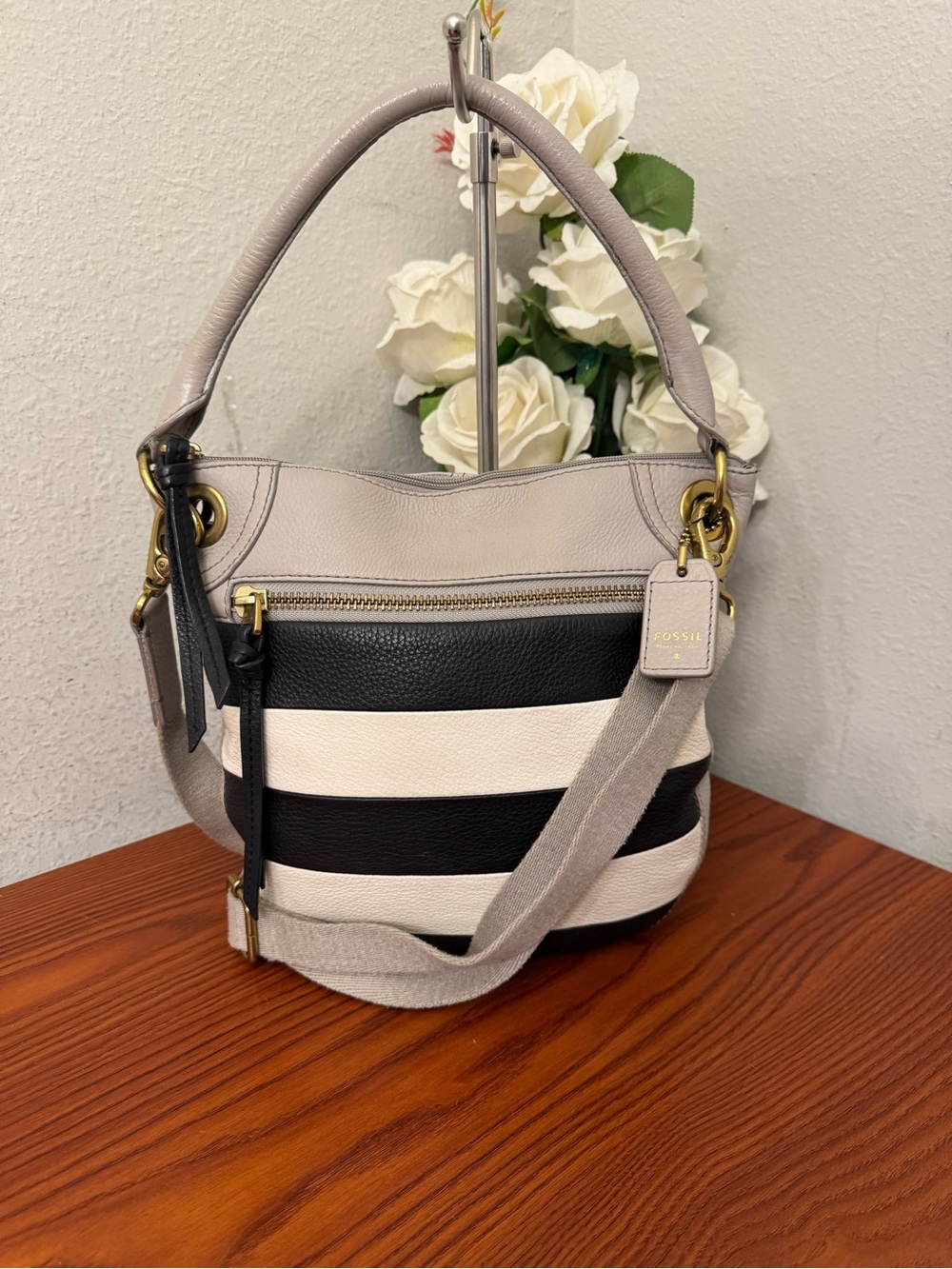Fossil Black, Cream & Gray Striped Leather Shoulder Bag
